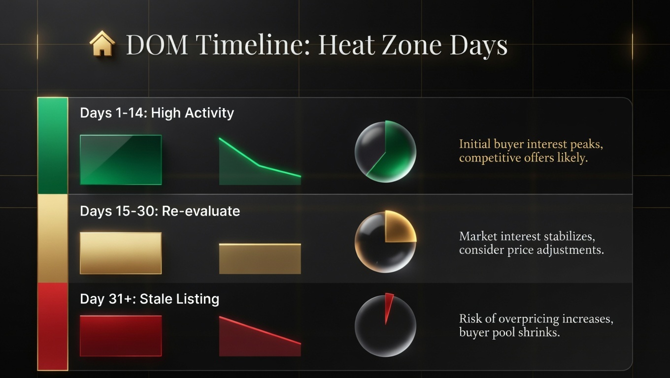 DOM Timeline showing Heat Zone Days with green price zone highlighted